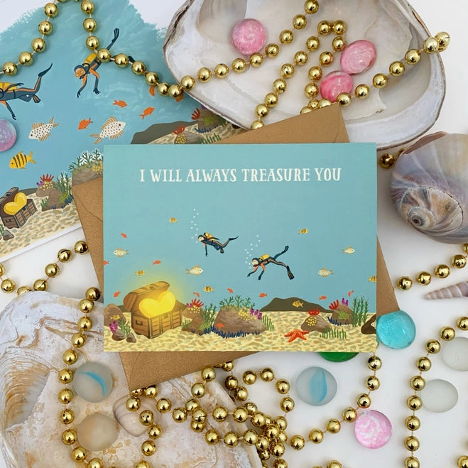 Ocean Golden Treasure Scuba Divers Anniversary Card