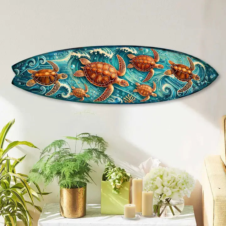 Sea Turtle Surfboard Coastal Wooden Art Decor