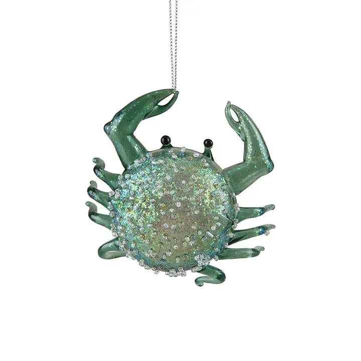 SEAFOAM GLITTER CRAB GLASS ORNMT