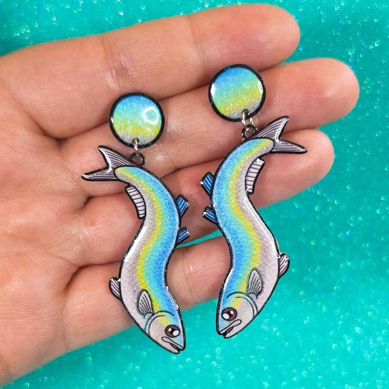 Grunion Fish Shrink Plastic UV Resin Earrings | California Coastal Marine Jewelry