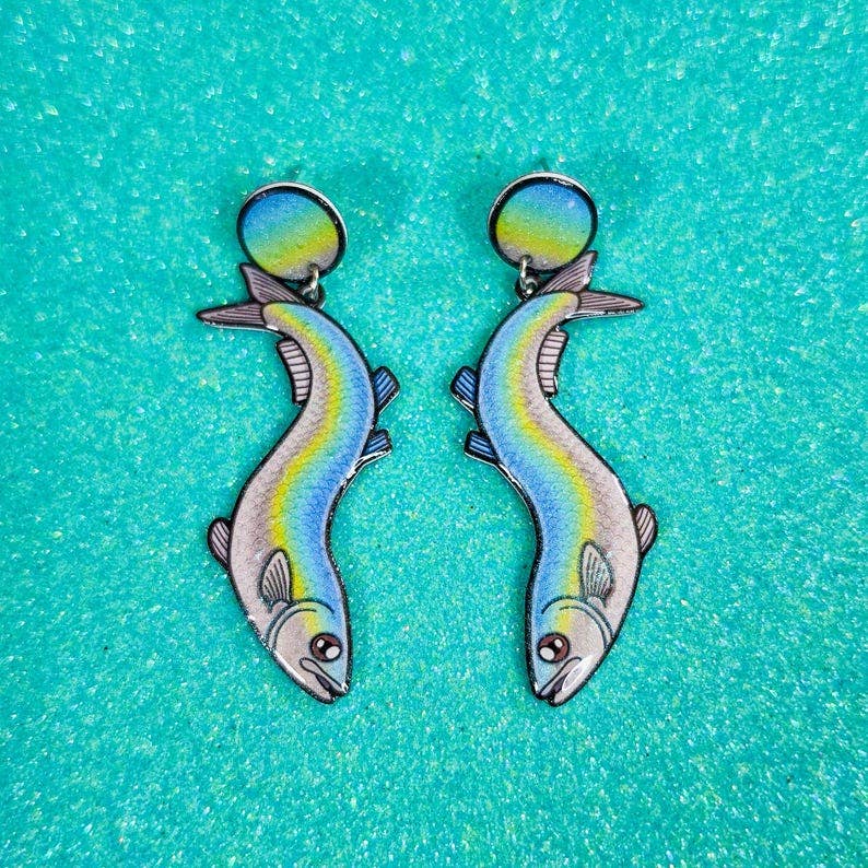 Grunion Fish Shrink Plastic UV Resin Earrings | California Coastal Marine Jewelry