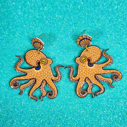 California 2 Spot Octopus Shrink Plastic UV Resin Earrings | Cephalopod Marine Animal Biology