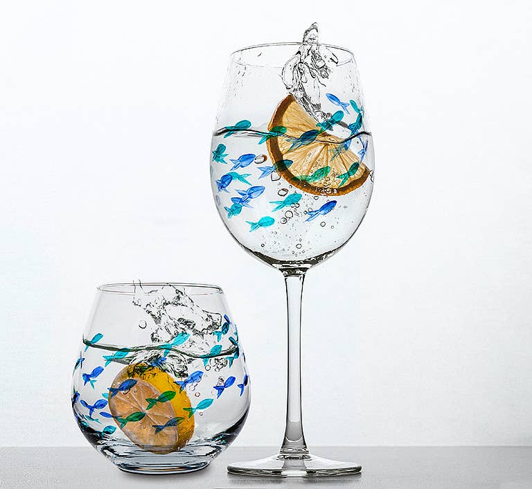 Blue & Green Etched Fish Wine Glass