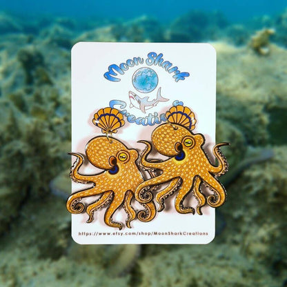California 2 Spot Octopus Shrink Plastic UV Resin Earrings | Cephalopod Marine Animal Biology