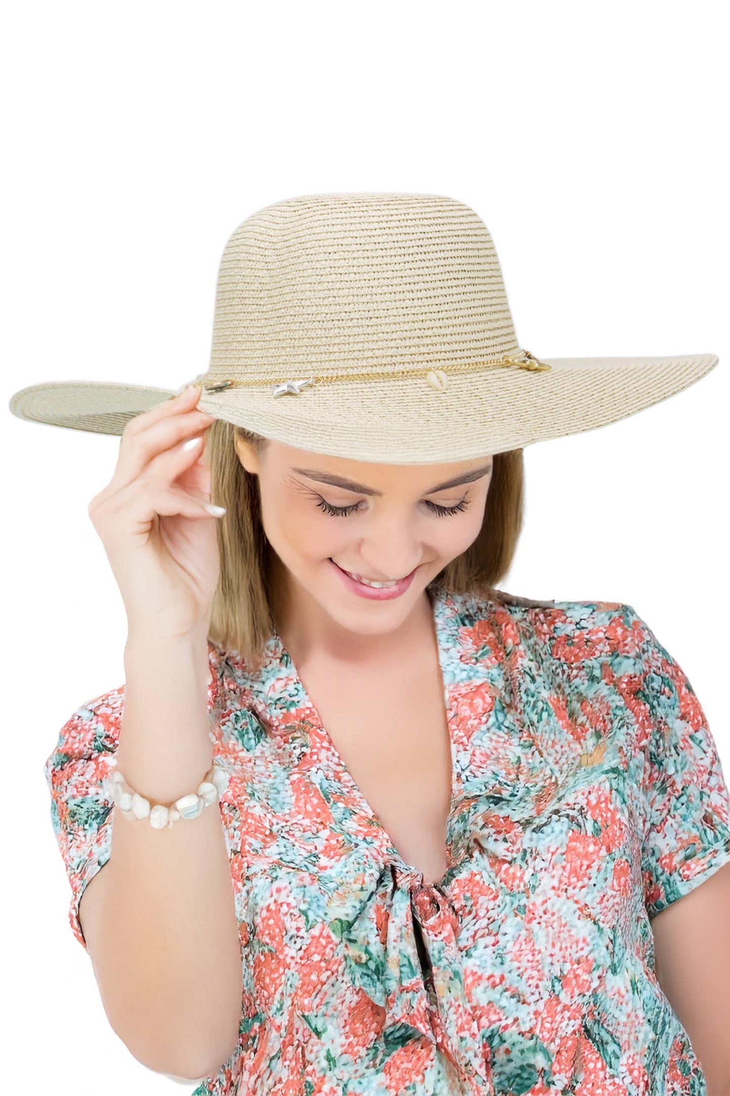 Seashell Starfish Gold Chain Straw Floppy Sun Hat