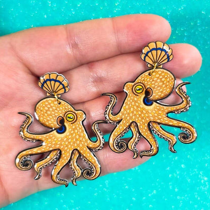 California 2 Spot Octopus Shrink Plastic UV Resin Earrings | Cephalopod Marine Animal Biology