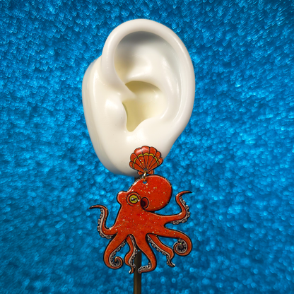 California 2 Spot Octopus Shrink Plastic UV Resin Earrings | Cephalopod Marine Animal Biology