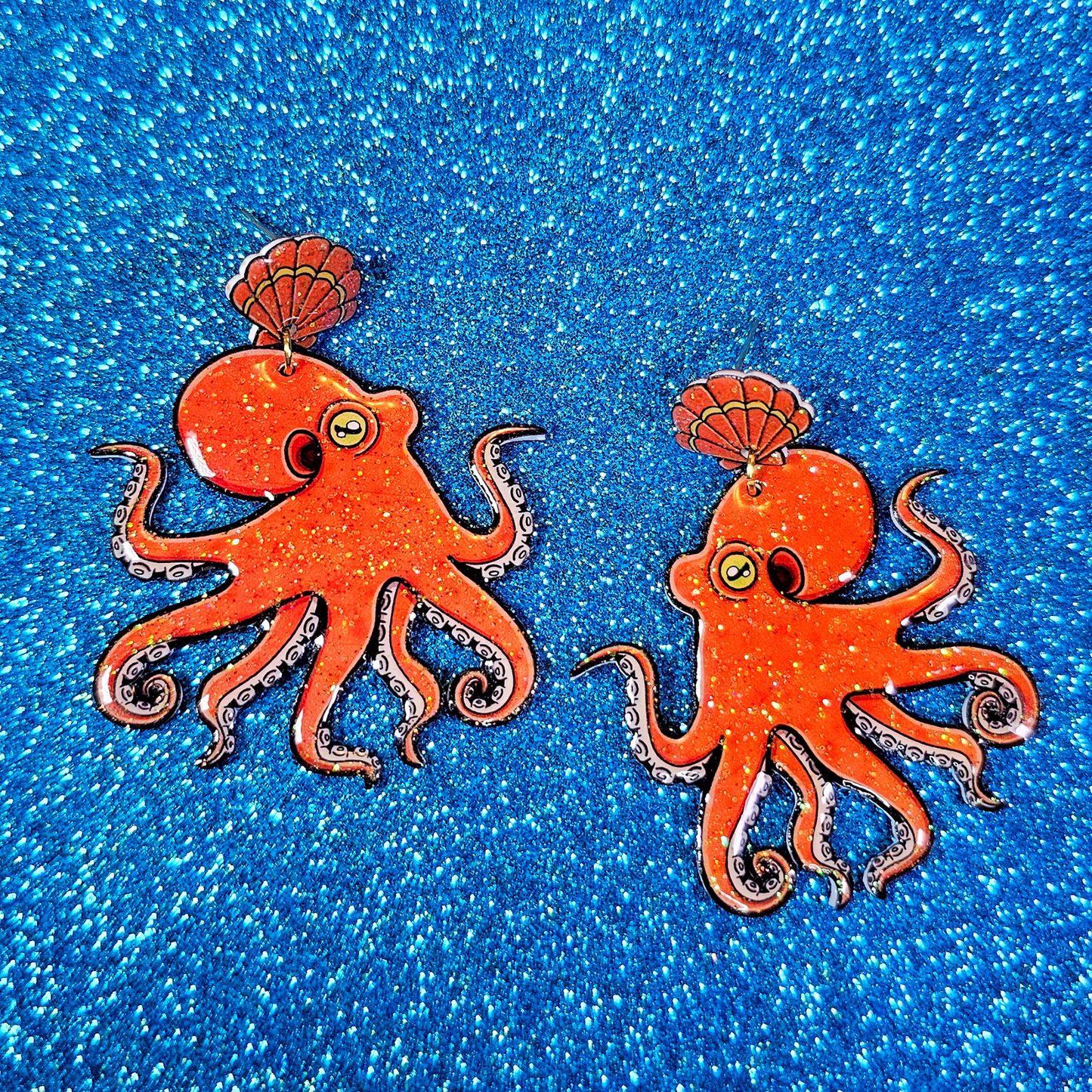 California 2 Spot Octopus Shrink Plastic UV Resin Earrings | Cephalopod Marine Animal Biology