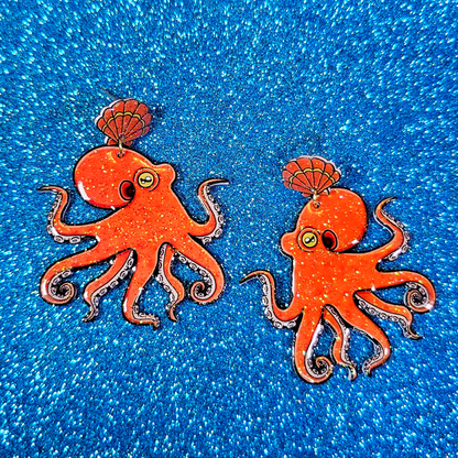 California 2 Spot Octopus Shrink Plastic UV Resin Earrings | Cephalopod Marine Animal Biology