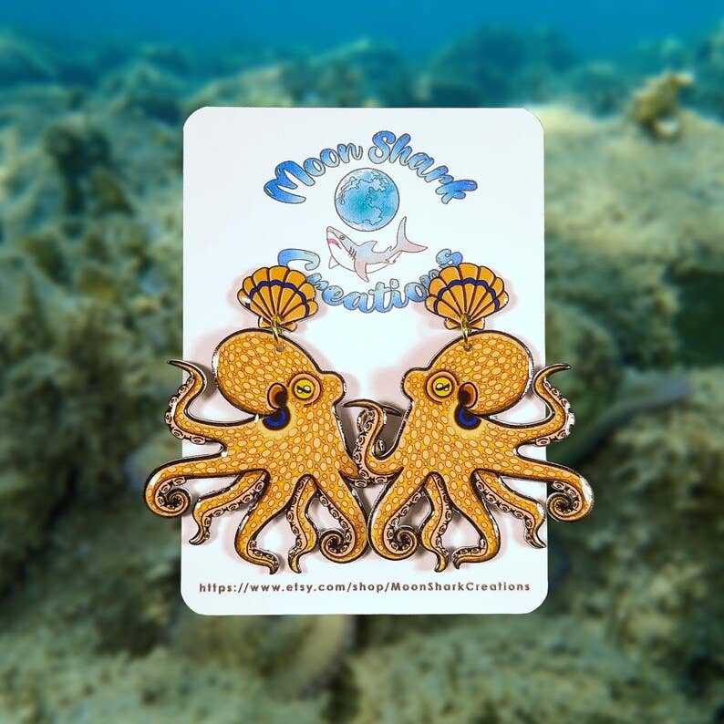 California 2 Spot Octopus Shrink Plastic UV Resin Earrings | Cephalopod Marine Animal Biology