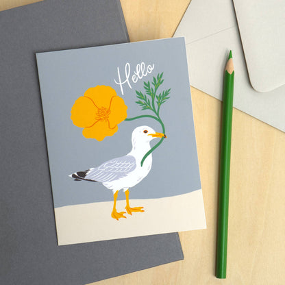 California Hello Seagull Poppy Flower Greeting Card