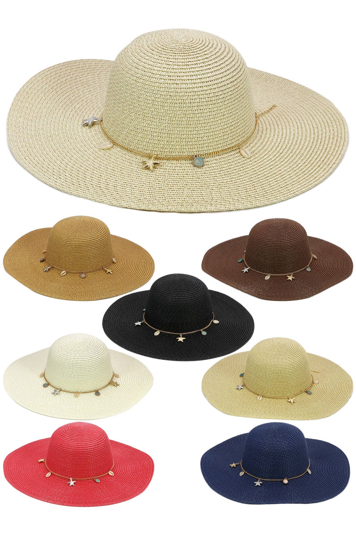 Seashell Starfish Gold Chain Straw Floppy Sun Hat