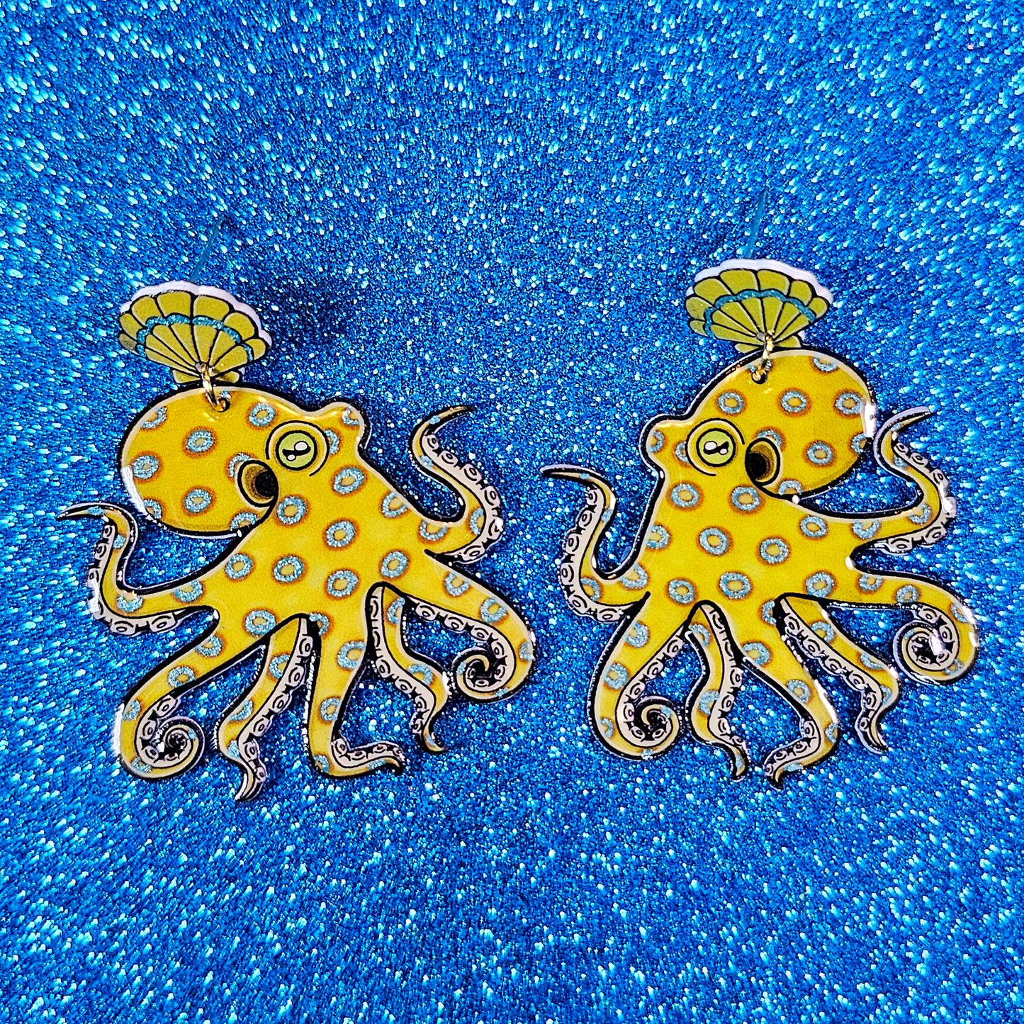 California 2 Spot Octopus Shrink Plastic UV Resin Earrings | Cephalopod Marine Animal Biology