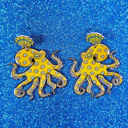 California 2 Spot Octopus Shrink Plastic UV Resin Earrings | Cephalopod Marine Animal Biology