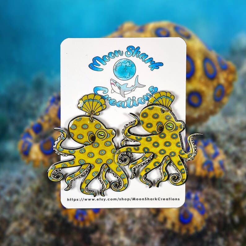 California 2 Spot Octopus Shrink Plastic UV Resin Earrings | Cephalopod Marine Animal Biology