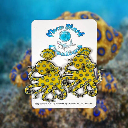 California 2 Spot Octopus Shrink Plastic UV Resin Earrings | Cephalopod Marine Animal Biology