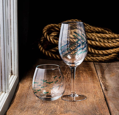Blue & Green Etched Fish Wine Glass