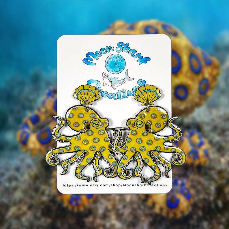 California 2 Spot Octopus Shrink Plastic UV Resin Earrings | Cephalopod Marine Animal Biology