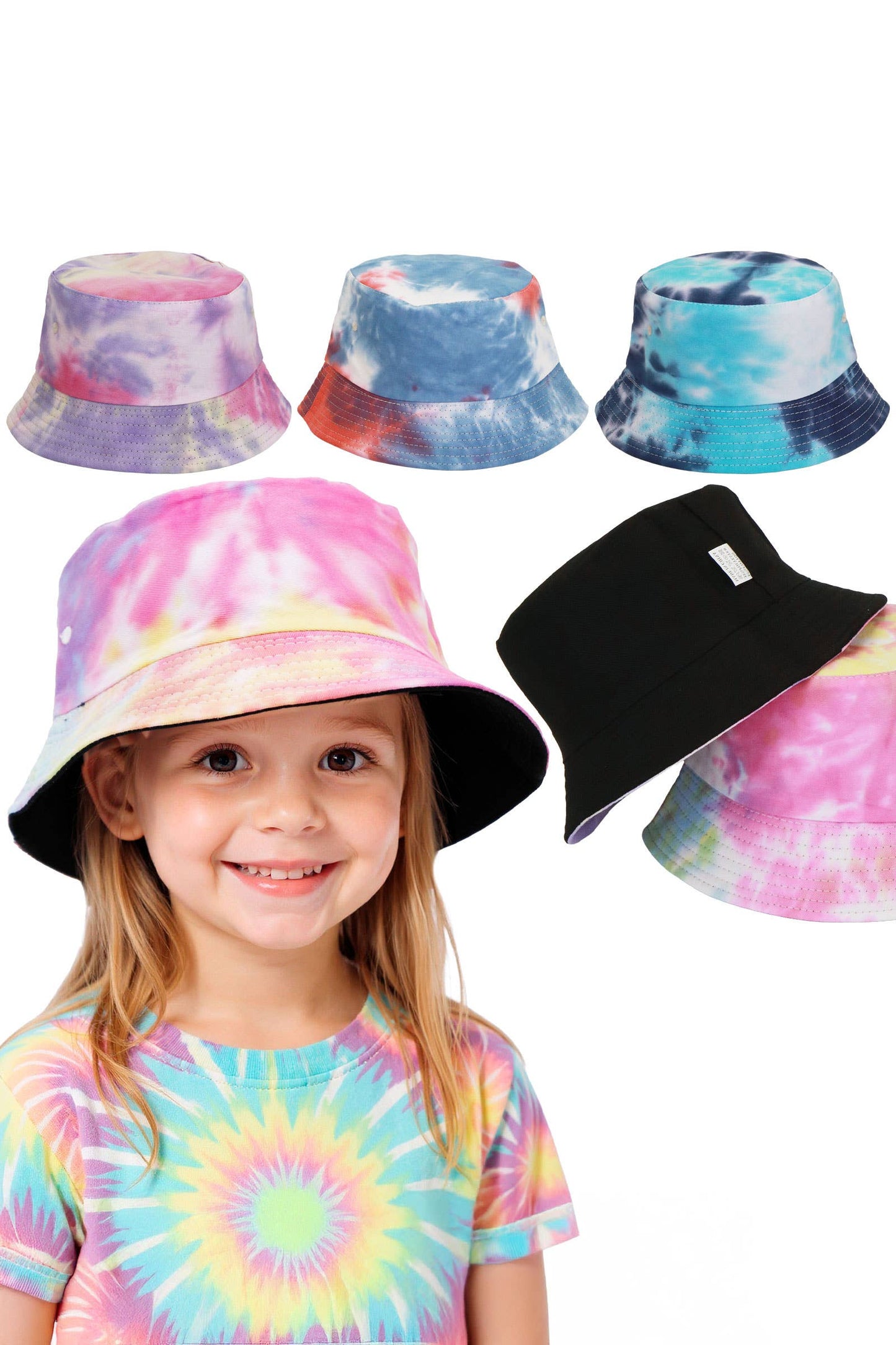 Kids Tie Dye Acid Wash Black Bottom Bucket Hat