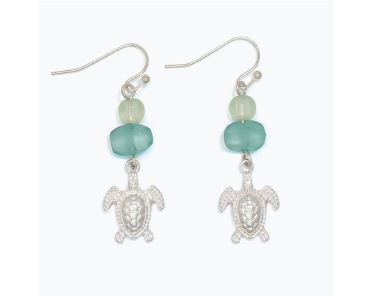 Earrings-Slvr Turtles w Grn Sea Glass