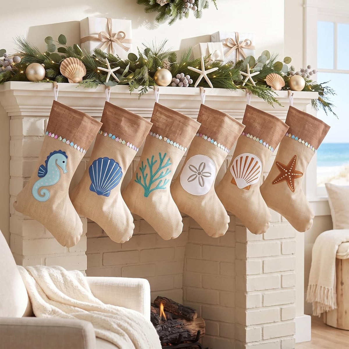 Retro Coastal Sea Beach Christmas Stockings