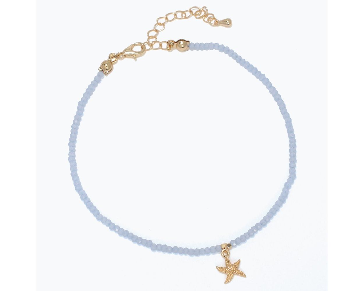 Anklet-Soft Blue Beads+Gold Starfis