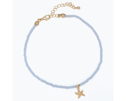Anklet-Soft Blue Beads+Gold Starfis