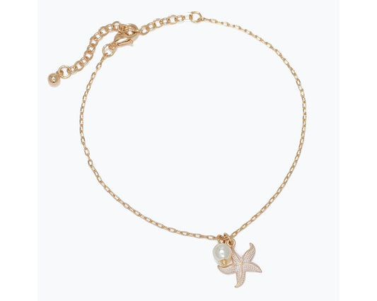 Anklet-Gold Starfish w White+Pear