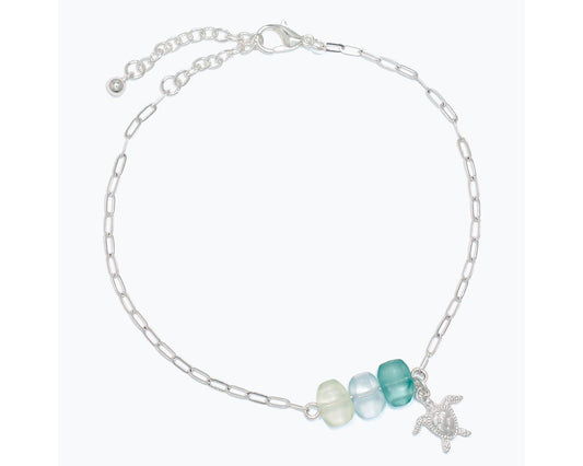 Anklet-Green Seaglass w Silver Turt