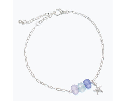 Anklet-Blue Seaglass+Silver Starfis