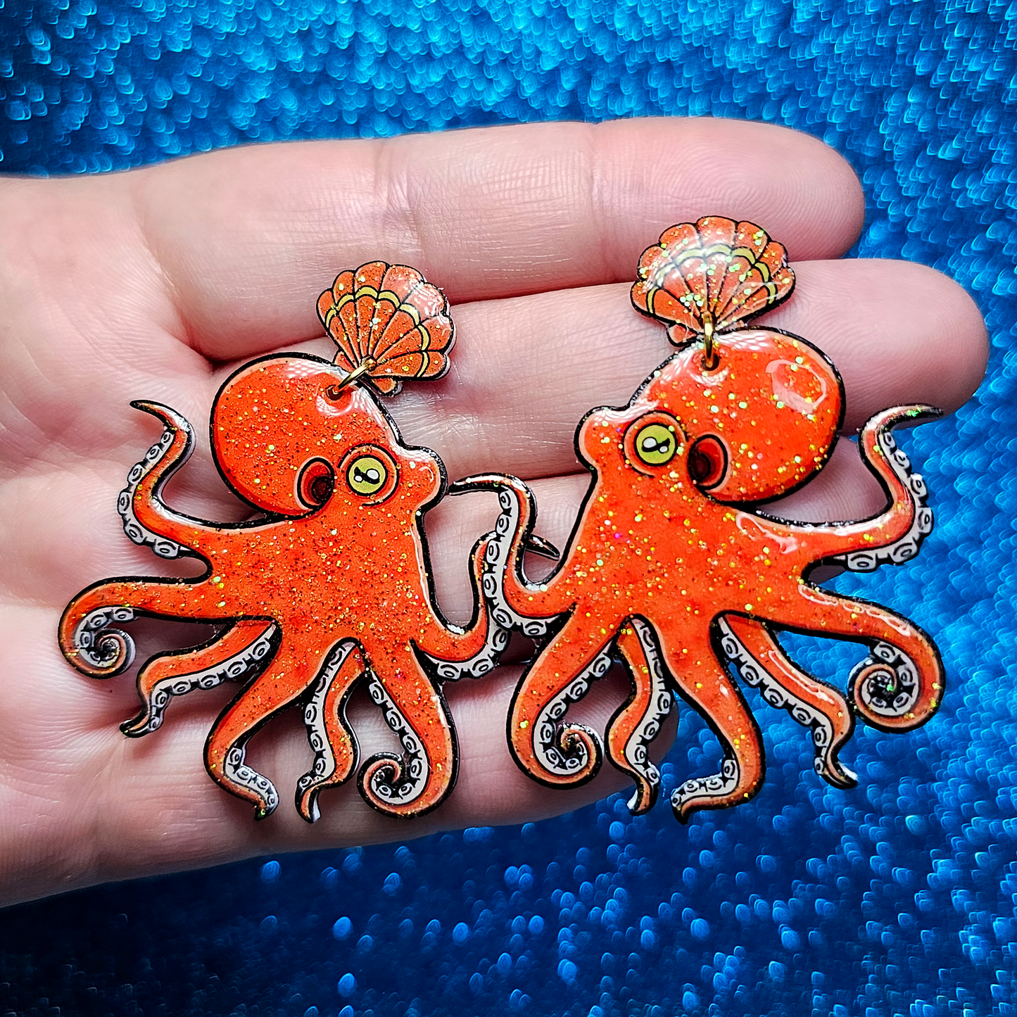 California 2 Spot Octopus Shrink Plastic UV Resin Earrings | Cephalopod Marine Animal Biology