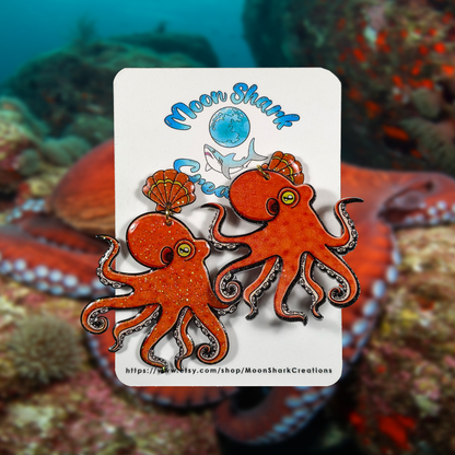 California 2 Spot Octopus Shrink Plastic UV Resin Earrings | Cephalopod Marine Animal Biology