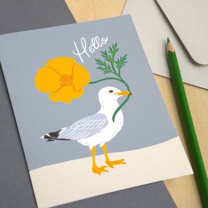 California Hello Seagull Poppy Flower Greeting Card