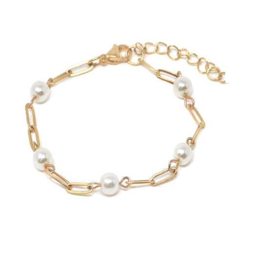 18K Gold Pearl & Paperclip Chain Bracelet
