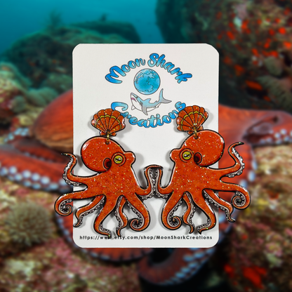California 2 Spot Octopus Shrink Plastic UV Resin Earrings | Cephalopod Marine Animal Biology