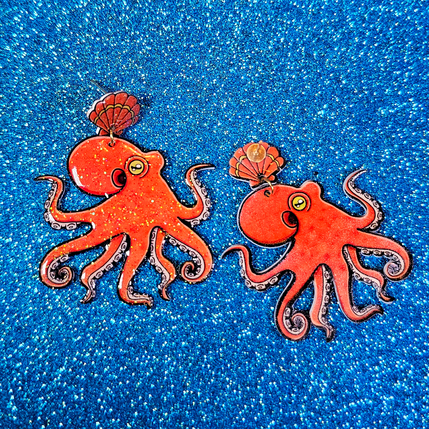 California 2 Spot Octopus Shrink Plastic UV Resin Earrings | Cephalopod Marine Animal Biology
