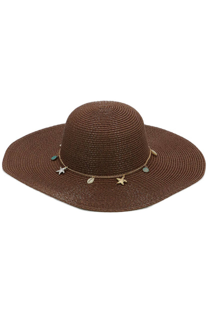 Seashell Starfish Gold Chain Straw Floppy Sun Hat
