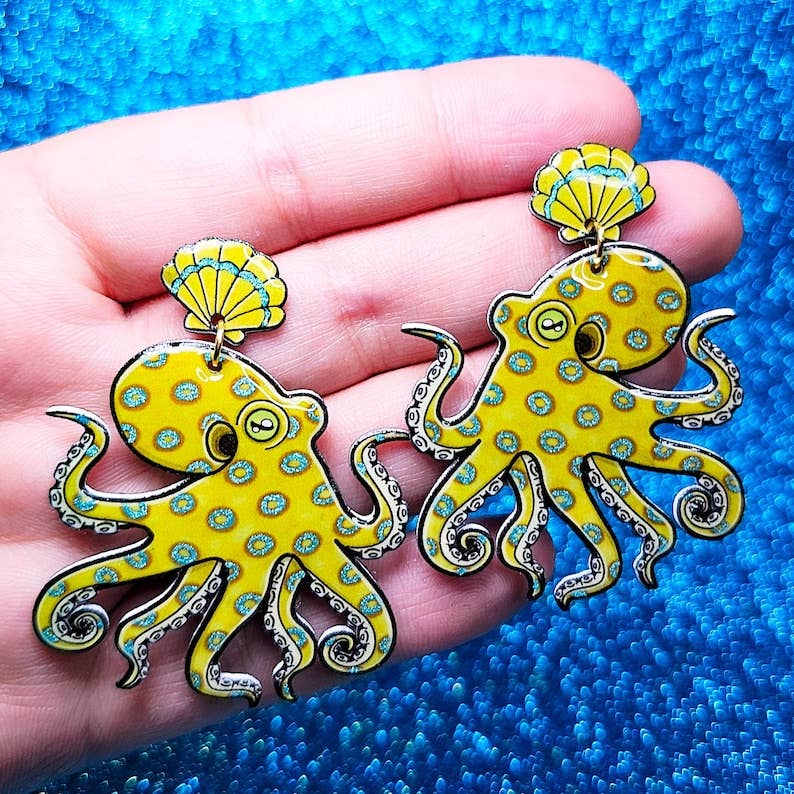 California 2 Spot Octopus Shrink Plastic UV Resin Earrings | Cephalopod Marine Animal Biology