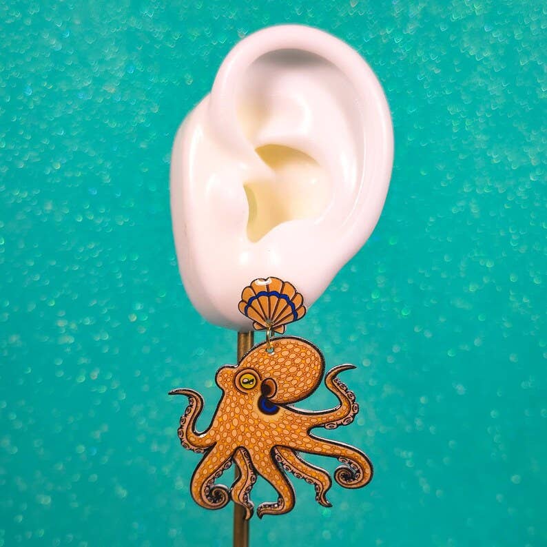 California 2 Spot Octopus Shrink Plastic UV Resin Earrings | Cephalopod Marine Animal Biology