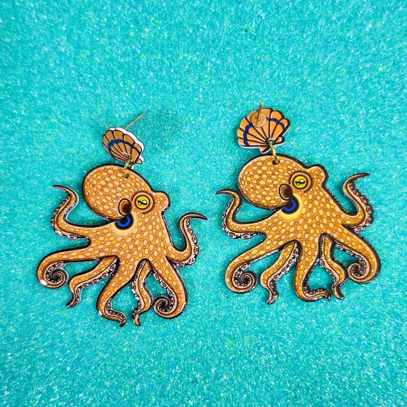 California 2 Spot Octopus Shrink Plastic UV Resin Earrings | Cephalopod Marine Animal Biology