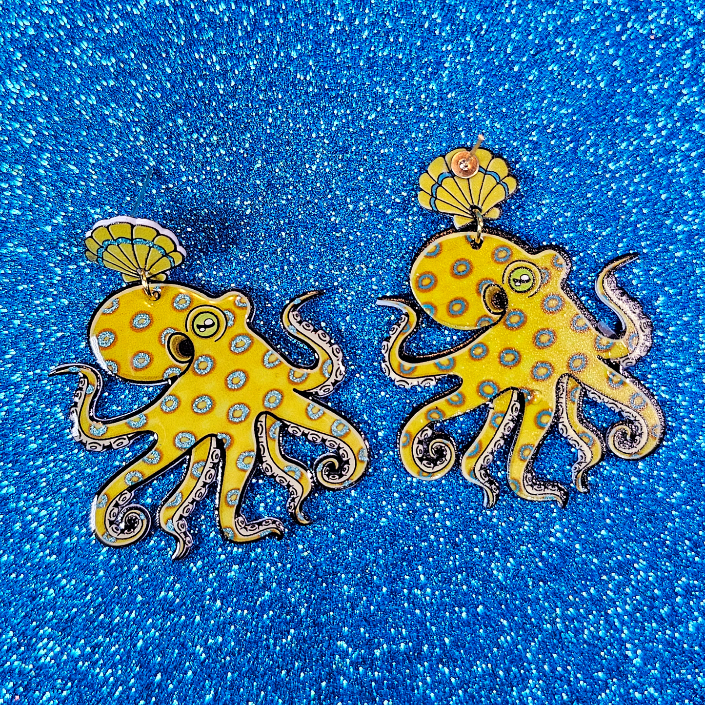 California 2 Spot Octopus Shrink Plastic UV Resin Earrings | Cephalopod Marine Animal Biology