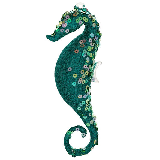 GLITTER SEAHORSE GLASS ORNAMENT TEAL (H25)